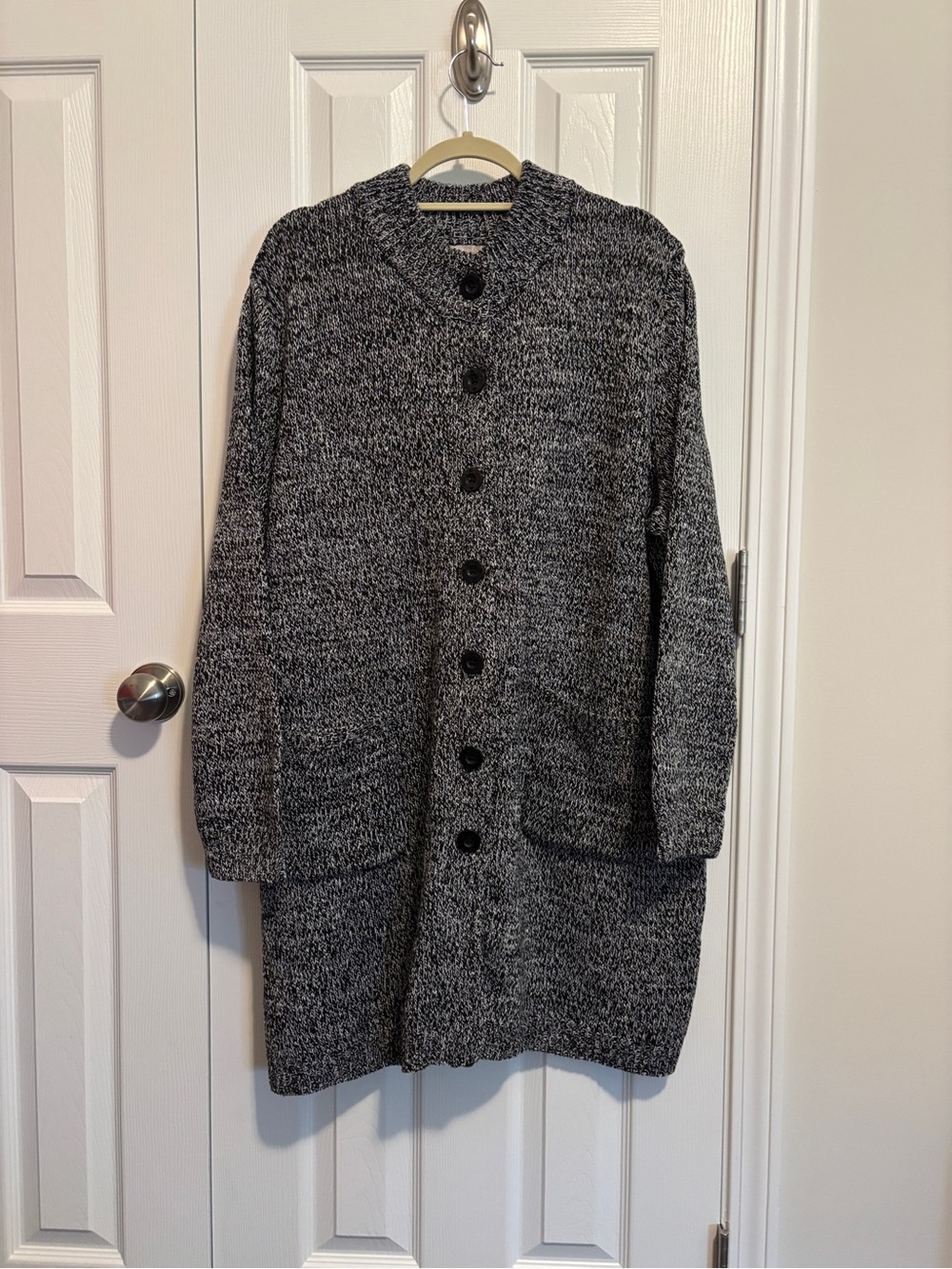 Woman Within Marled Black and White Long Button-Front Cardigan